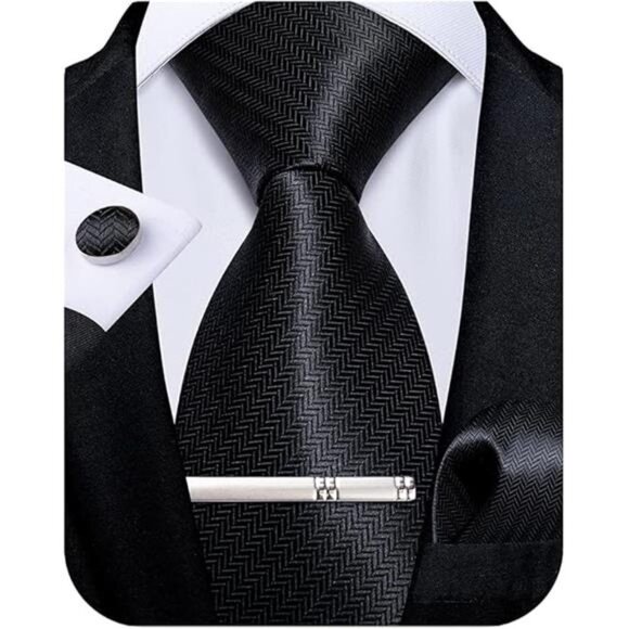 Mens Silk Necktie Solid Color Tie and Pocket Square Cufflink Tie Clip Set Woven - Picture 8 of 8